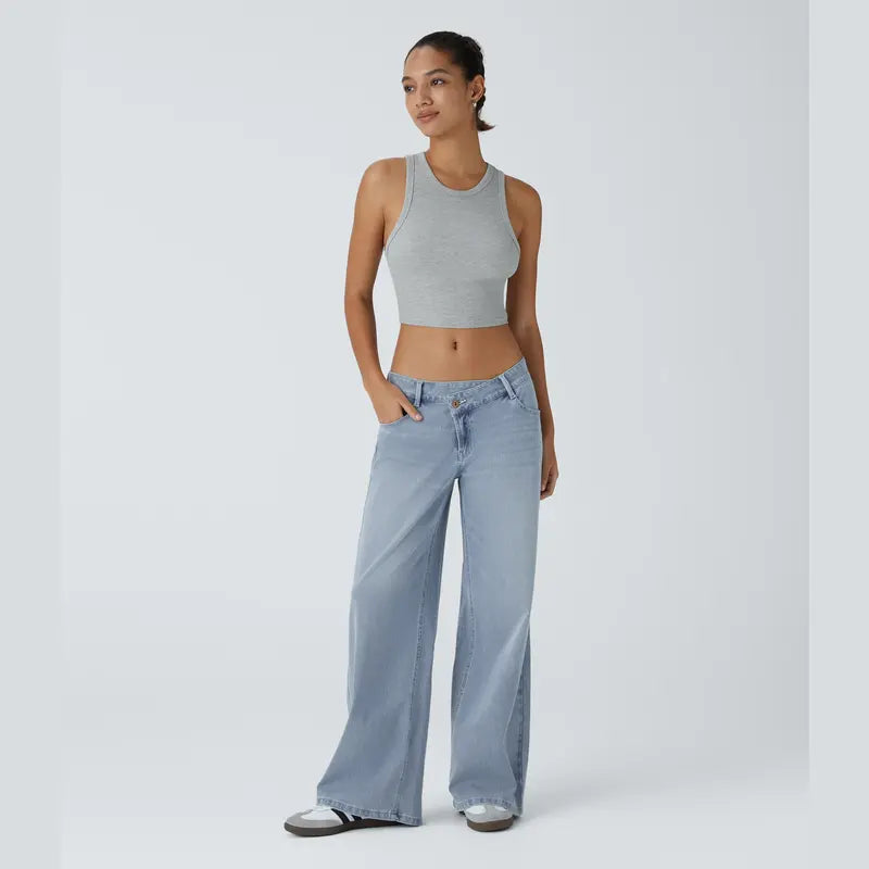 Flex Asymmetric Low Rise Zipper Pockets Baggy Wide Leg Washed Casual Jeans