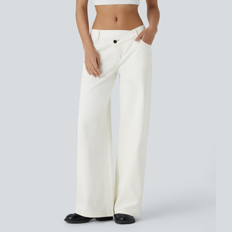Flex Asymmetric Low Rise Zipper Pockets Baggy Wide Leg Washed Casual Jeans