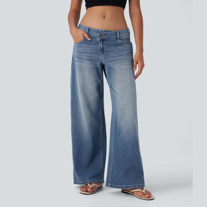 Flex Asymmetric Low Rise Zipper Pockets Baggy Wide Leg Washed Casual Jeans