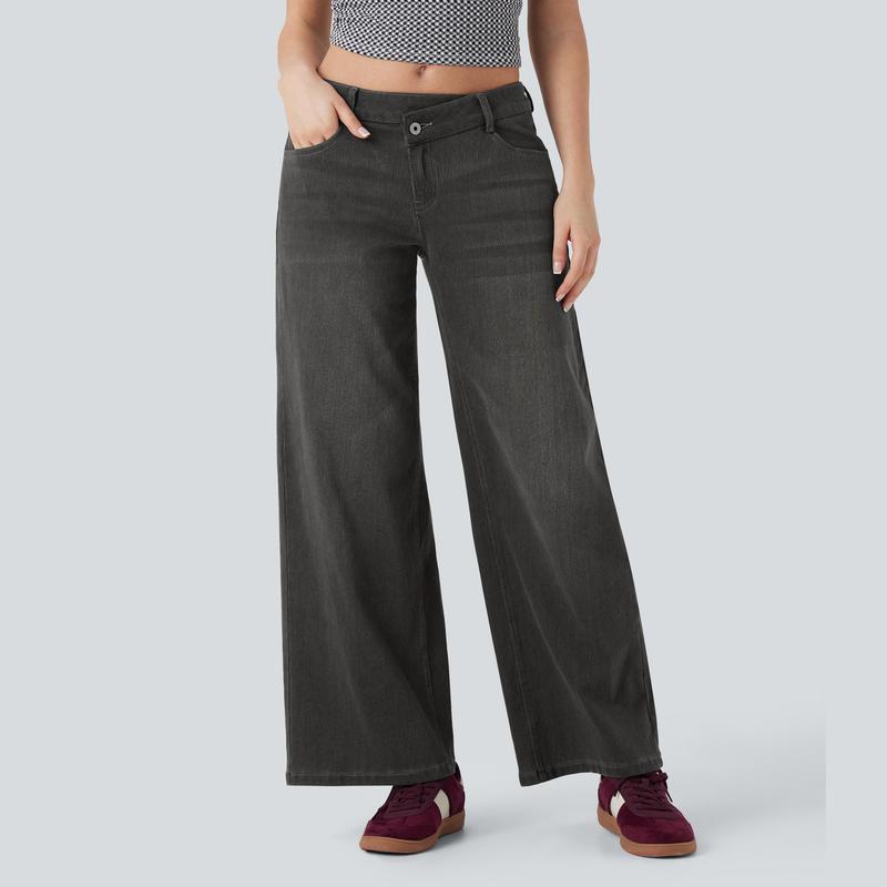 Flex Asymmetric Low Rise Zipper Pockets Baggy Wide Leg Washed Casual Jeans