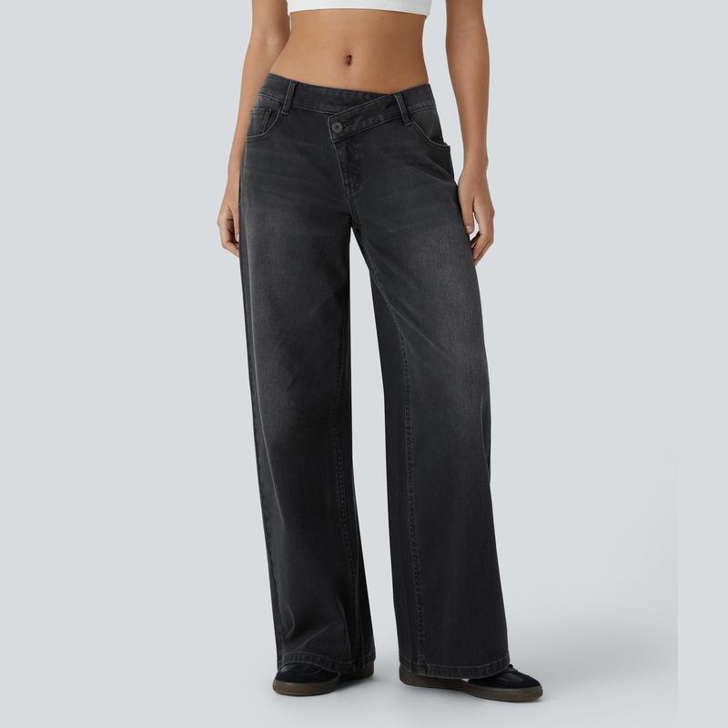 Flex Asymmetric Low Rise Zipper Pockets Baggy Wide Leg Washed Casual Jeans
