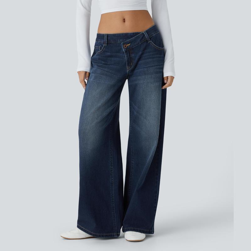 Flex Asymmetric Low Rise Zipper Pockets Baggy Wide Leg Washed Casual Jeans