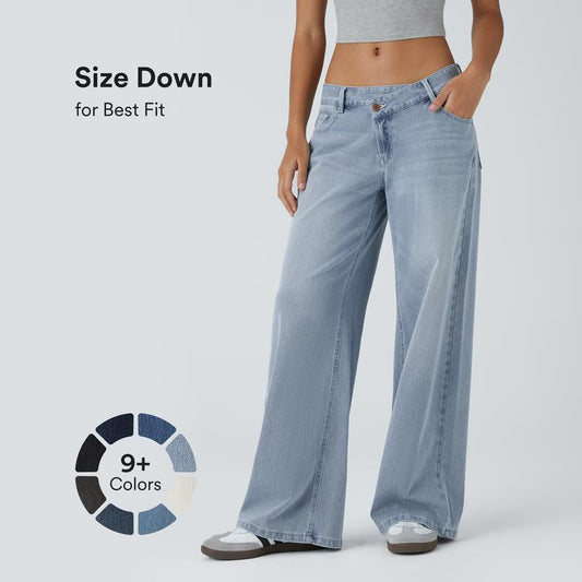 Flex Asymmetric Low Rise Zipper Pockets Baggy Wide Leg Washed Casual Jeans