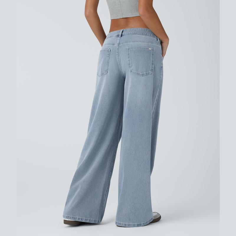 Flex Asymmetric Low Rise Zipper Pockets Baggy Wide Leg Washed Casual Jeans
