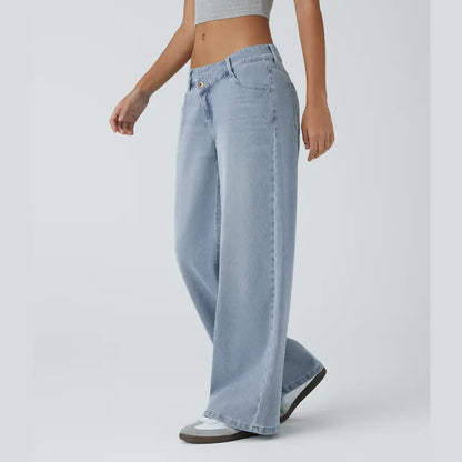 Flex Asymmetric Low Rise Zipper Pockets Baggy Wide Leg Washed Casual Jeans