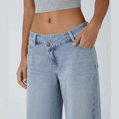 Flex Asymmetric Low Rise Zipper Pockets Baggy Wide Leg Washed Casual Jeans