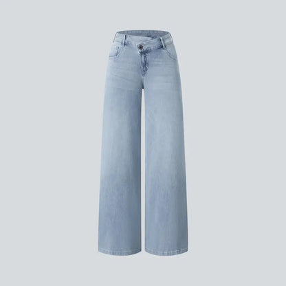 Flex Asymmetric Low Rise Zipper Pockets Baggy Wide Leg Washed Casual Jeans