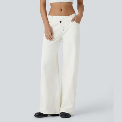 Flex Asymmetric Low Rise Zipper Pockets Baggy Wide Leg Washed Casual Jeans