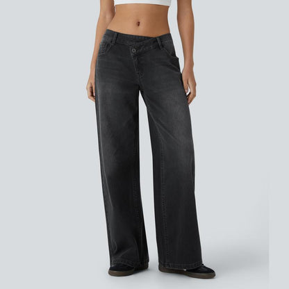 Flex Asymmetric Low Rise Zipper Pockets Baggy Wide Leg Washed Casual Jeans