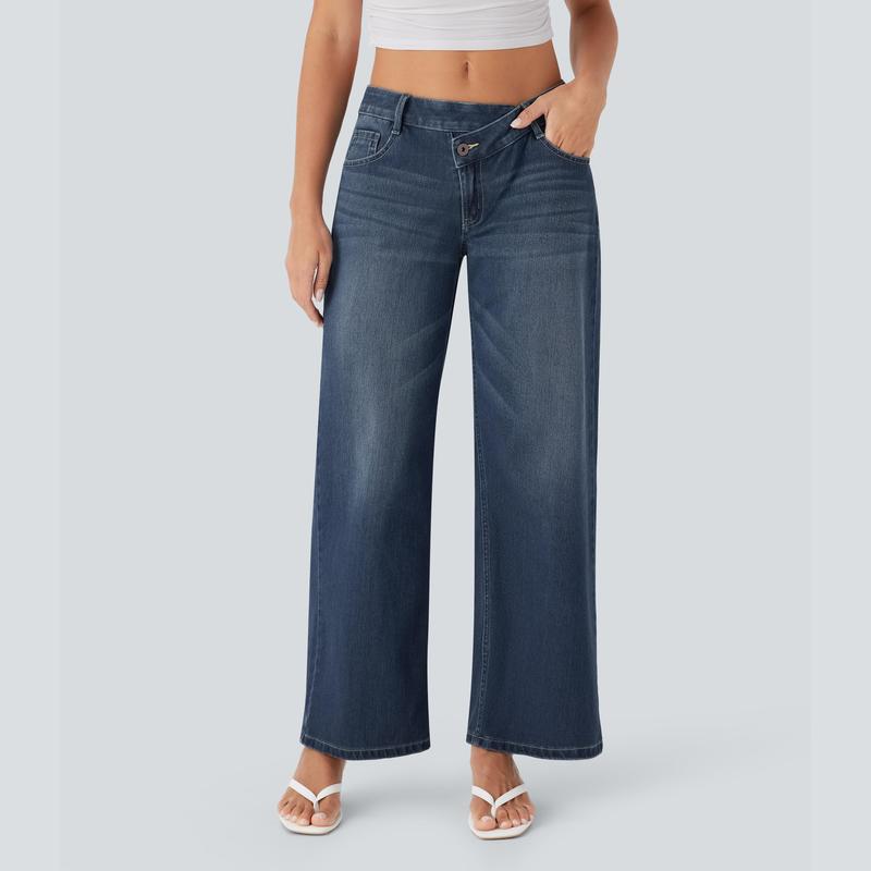 Flex Asymmetric Low Rise Zipper Pockets Baggy Wide Leg Washed Casual Jeans