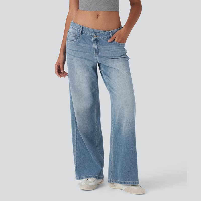 Flex Asymmetric Low Rise Zipper Pockets Baggy Wide Leg Washed Casual Jeans